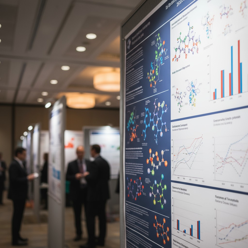 A poster collage featuring poster-sized molecular graphics beside a group of business people. Relatively motionless, the l...