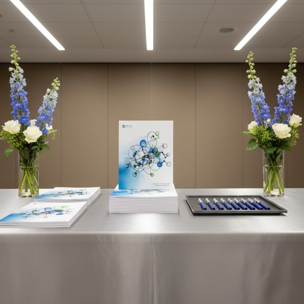 A white table is covered with a white cloth and has a display of blue and white flowers, a stack of papers with a blue and...