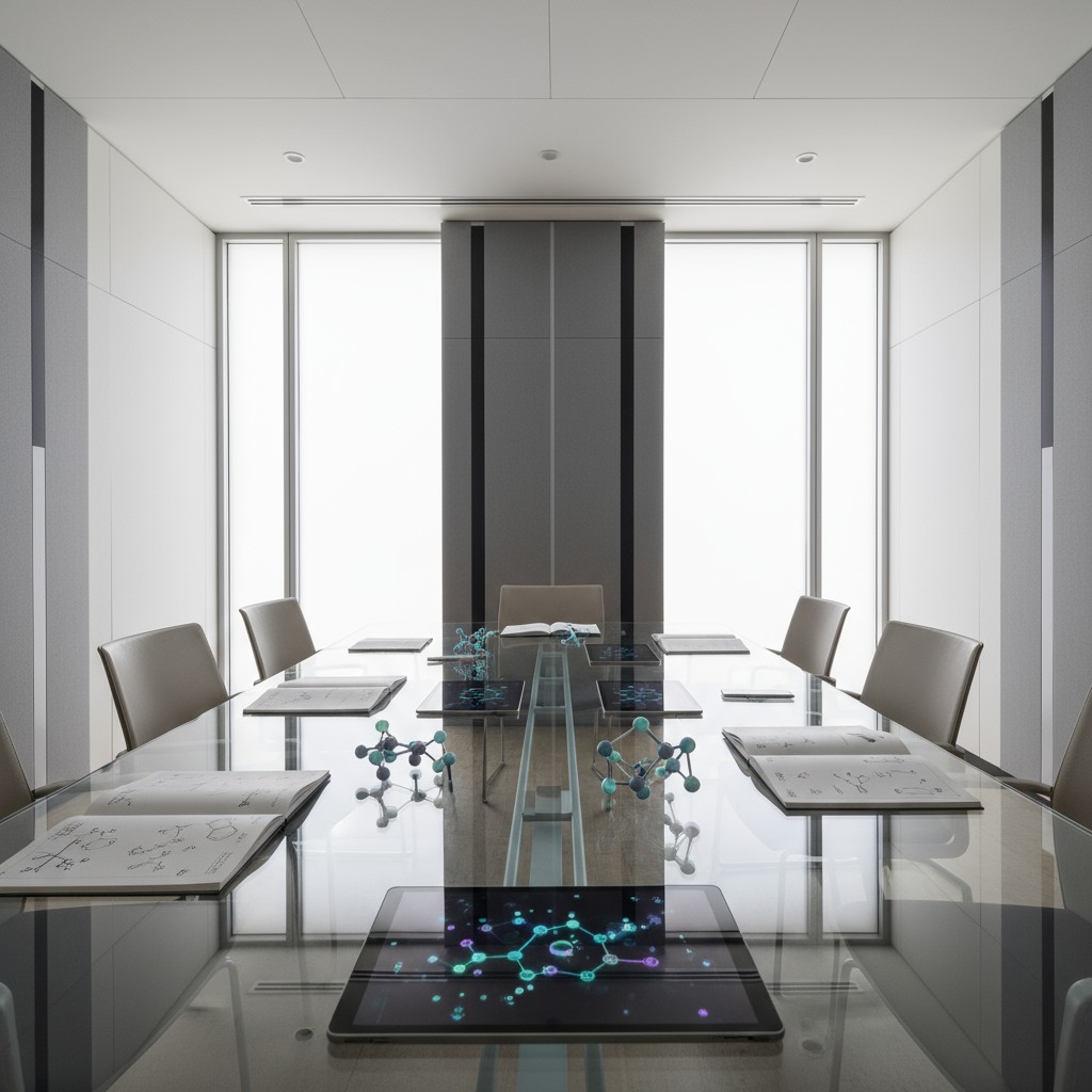 A meeting room with a conference table and chairs around it, featuring a 3D molecular structure on the surface of a tablet...